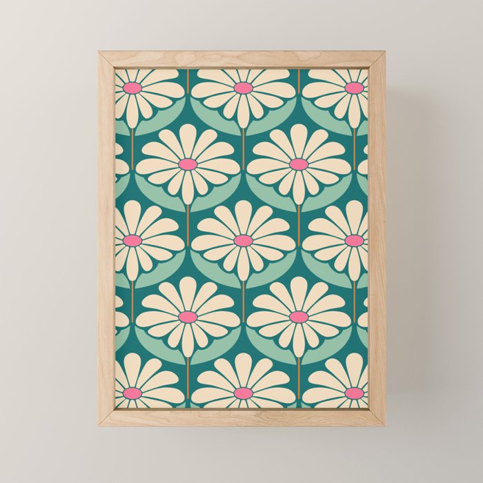 Flower Power - Teal, Pink and Off-white Mini Art Print Gallery Image 1