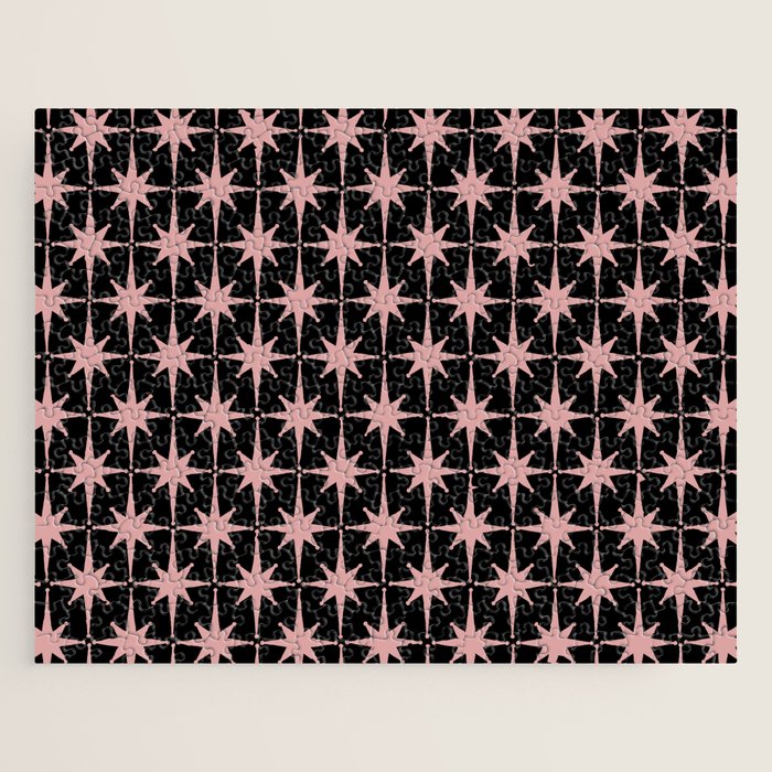 Atomic Age Retro 50s Starburst Pattern in Dusty Blush Pink and Black Jigsaw Puzzle Gallery Image 1