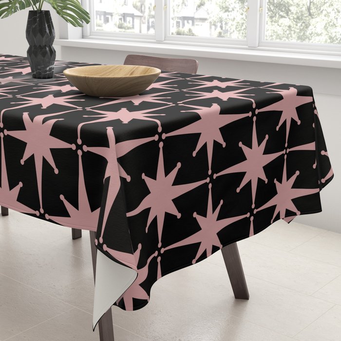Atomic Age Retro 50s Starburst Pattern in Dusty Blush Pink and Black Tablecloth Gallery Image 3