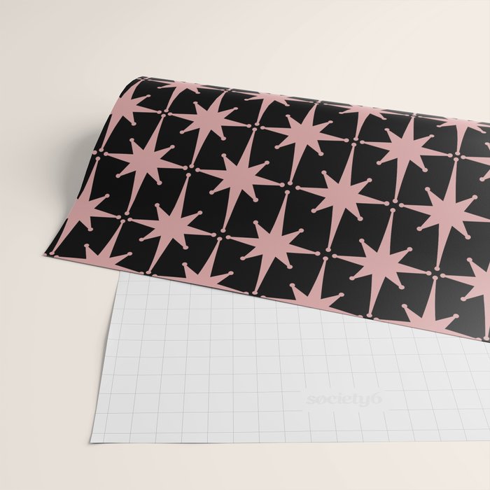 Atomic Age Retro 50s Starburst Pattern in Dusty Blush Pink and Black Wrapping Paper Gallery Image 2