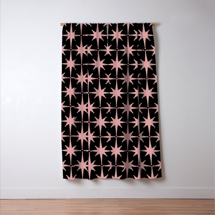 Atomic Age Retro 50s Starburst Pattern in Dusty Blush Pink and Black Window Curtain Gallery Image 3