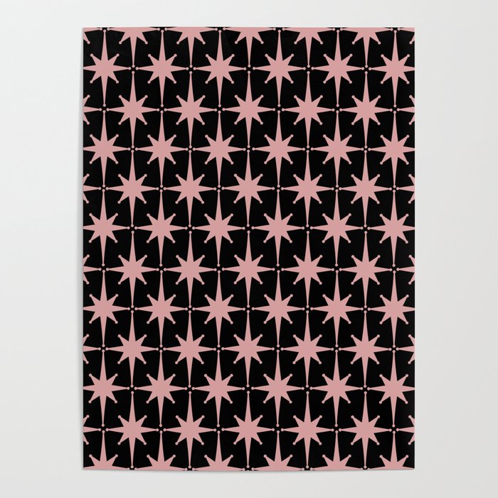 Atomic Age Retro 50s Starburst Pattern in Dusty Blush Pink and Black Poster Gallery Image 1