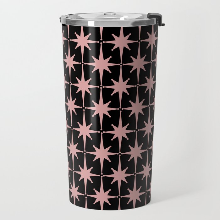 Atomic Age Retro 50s Starburst Pattern in Dusty Blush Pink and Black Travel Mug Gallery Image 2