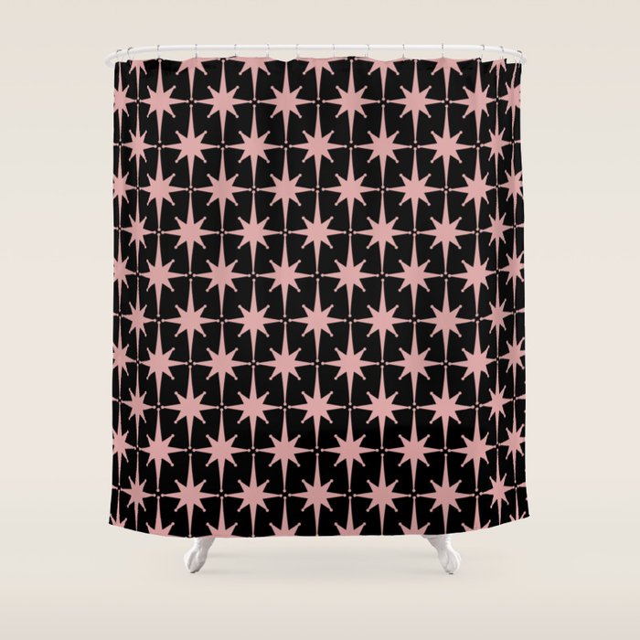 Atomic Age Retro 50s Starburst Pattern in Dusty Blush Pink and Black Shower Curtain Gallery Image 1