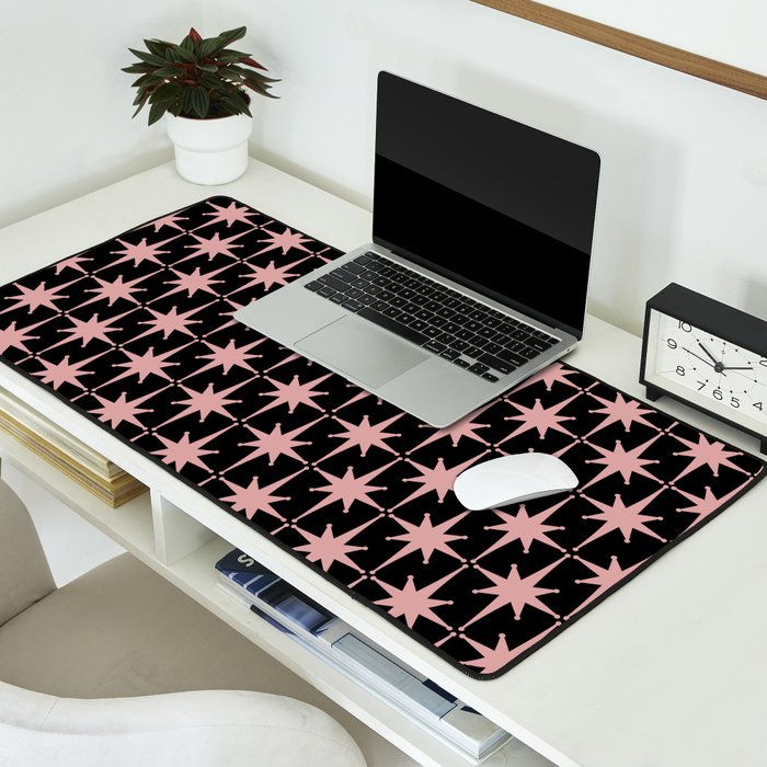 Atomic Age Retro 50s Starburst Pattern in Dusty Blush Pink and Black Desk Mat Gallery Image 2