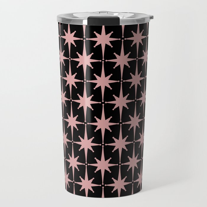 Atomic Age Retro 50s Starburst Pattern in Dusty Blush Pink and Black Travel Mug Gallery Image 1
