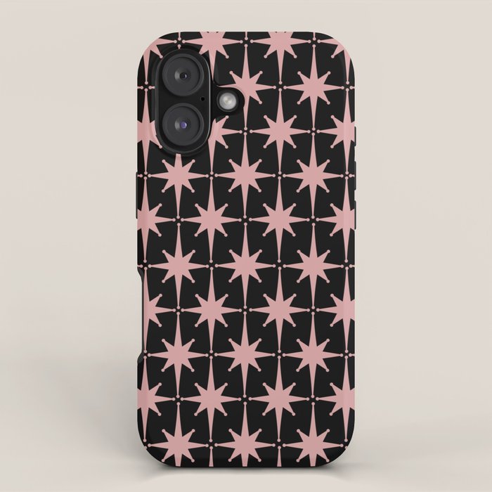 Atomic Age Retro 50s Starburst Pattern in Dusty Blush Pink and Black iPhone Case Gallery Image 1