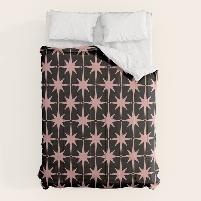 Atomic Age Retro 50s Starburst Pattern in Dusty Blush Pink and Black Comforter Gallery Image 1