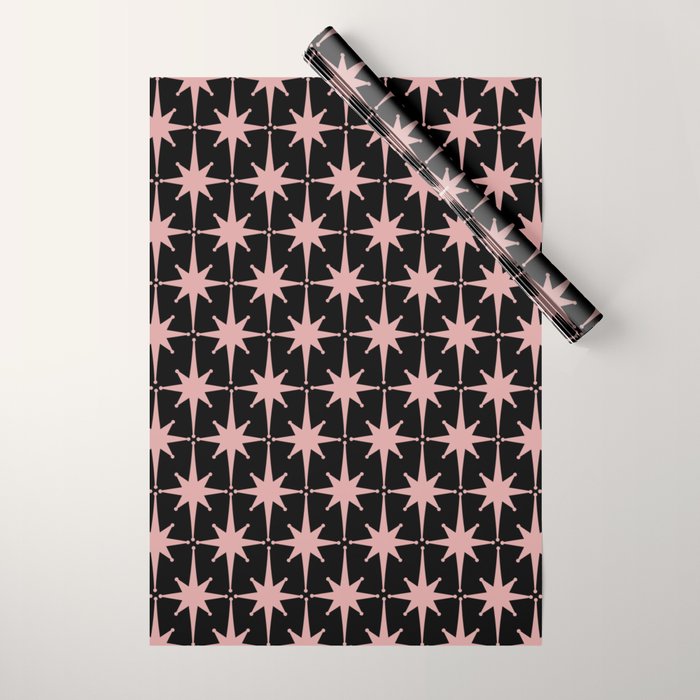 Atomic Age Retro 50s Starburst Pattern in Dusty Blush Pink and Black Wrapping Paper Gallery Image 1