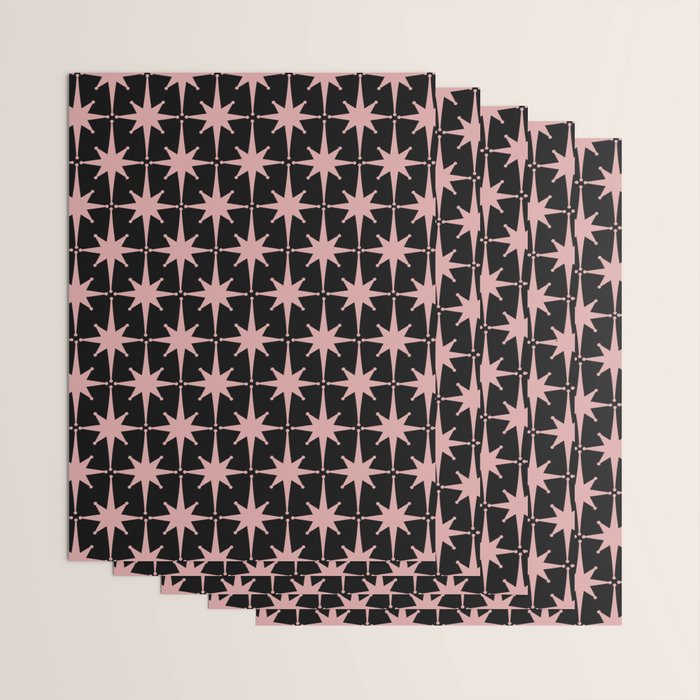 Atomic Age Retro 50s Starburst Pattern in Dusty Blush Pink and Black Wrapping Paper Gallery Image 3