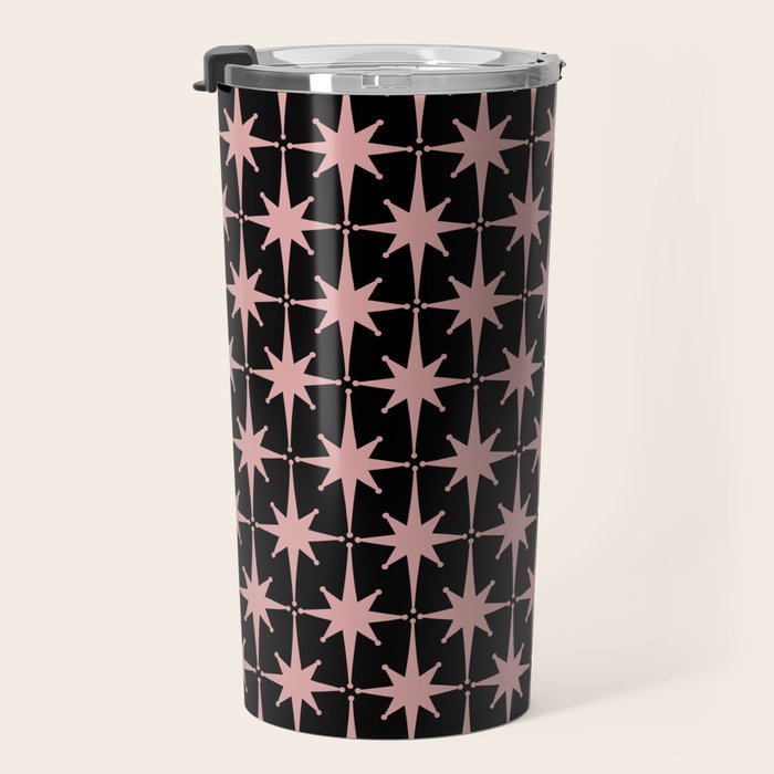 Atomic Age Retro 50s Starburst Pattern in Dusty Blush Pink and Black Travel Mug Gallery Image 3