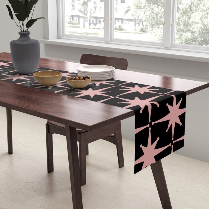 Atomic Age Retro 50s Starburst Pattern in Dusty Blush Pink and Black Table Runner Gallery Image 2