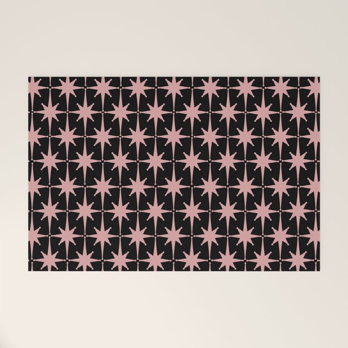 Atomic Age Retro 50s Starburst Pattern in Dusty Blush Pink and Black Welcome Mat Gallery Image 1