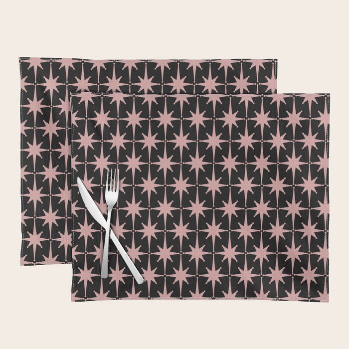 Atomic Age Retro 50s Starburst Pattern in Dusty Blush Pink and Black Placemat Gallery Image 1