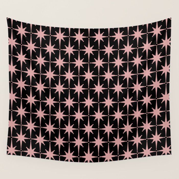 Atomic Age Retro 50s Starburst Pattern in Dusty Blush Pink and Black Wall Tapestry Gallery Image 4