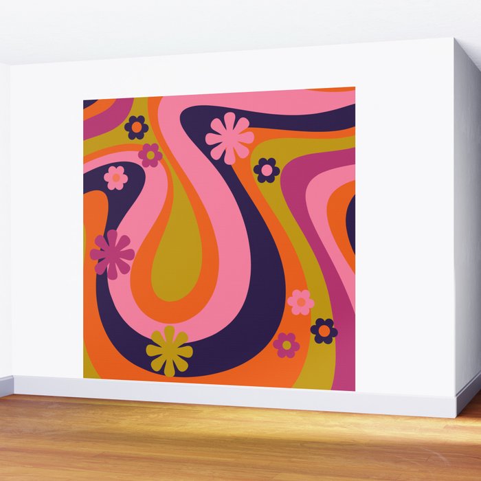 Too Groovy Retro Abstract Flower Power Pattern in Pink Lime Orange Magenta Blue Wall Mural Gallery Image 2