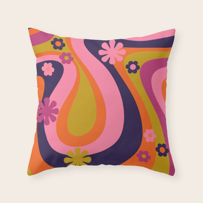 Too Groovy Retro Abstract Flower Power Pattern in Pink Lime Orange Magenta Blue Throw Pillow Gallery Image 6
