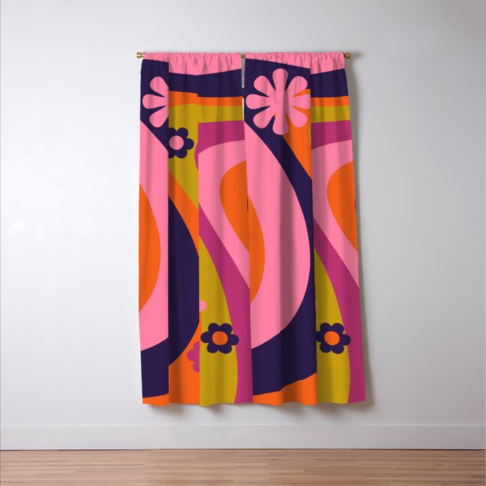 Too Groovy Retro Abstract Flower Power Pattern in Pink Lime Orange Magenta Blue Window Curtain Gallery Image 3