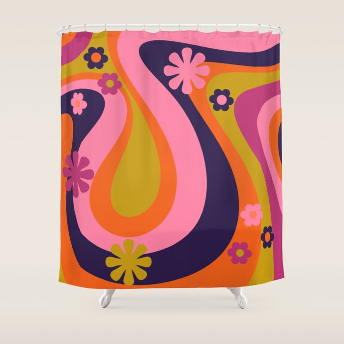 Too Groovy Retro Abstract Flower Power Pattern in Pink Lime Orange Magenta Blue Shower Curtain Gallery Image 1