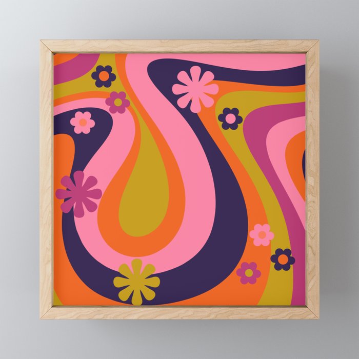 Too Groovy Retro Abstract Flower Power Pattern in Pink Lime Orange Magenta Blue Mini Art Print Gallery Image 1