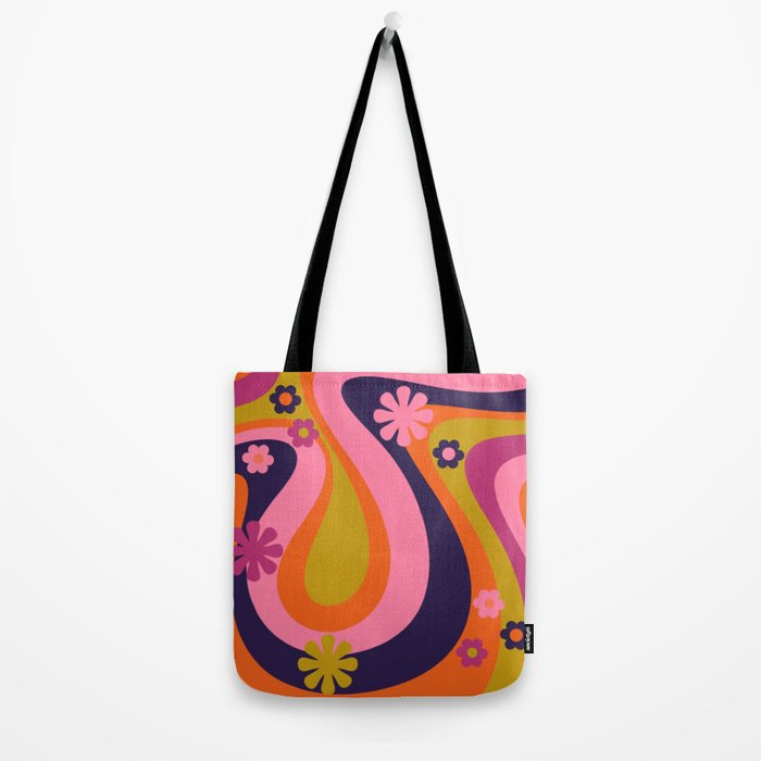 Too Groovy Retro Abstract Flower Power Pattern in Pink Lime Orange Magenta Blue Tote Bag Gallery Image 2