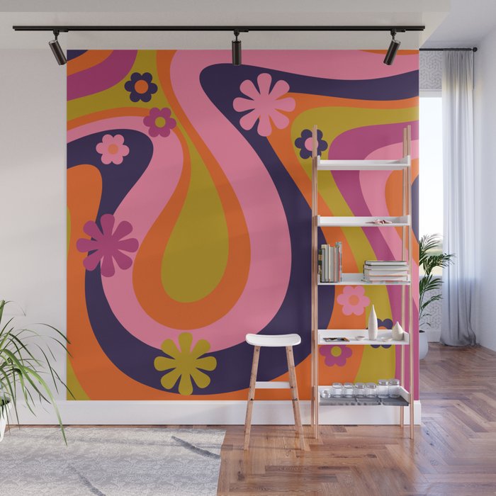 Too Groovy Retro Abstract Flower Power Pattern in Pink Lime Orange Magenta Blue Wall Mural Gallery Image 1
