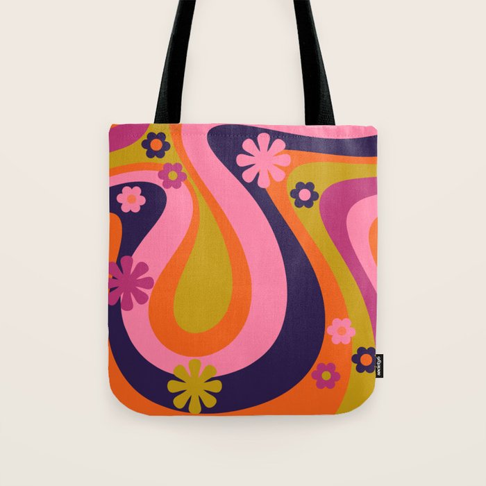 Too Groovy Retro Abstract Flower Power Pattern in Pink Lime Orange Magenta Blue Tote Bag Gallery Image 1