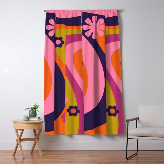 Too Groovy Retro Abstract Flower Power Pattern in Pink Lime Orange Magenta Blue Window Curtain Gallery Image 1
