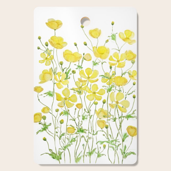 yellow buttercup flowers filed watercolor  Cutting Board Gallery Image 1