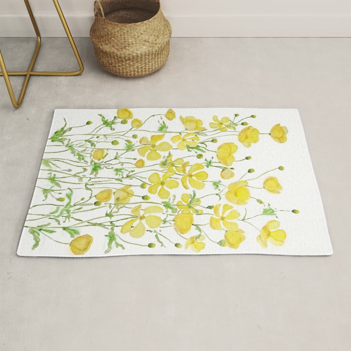 yellow buttercup flowers filed watercolor  Rug Gallery Image 1