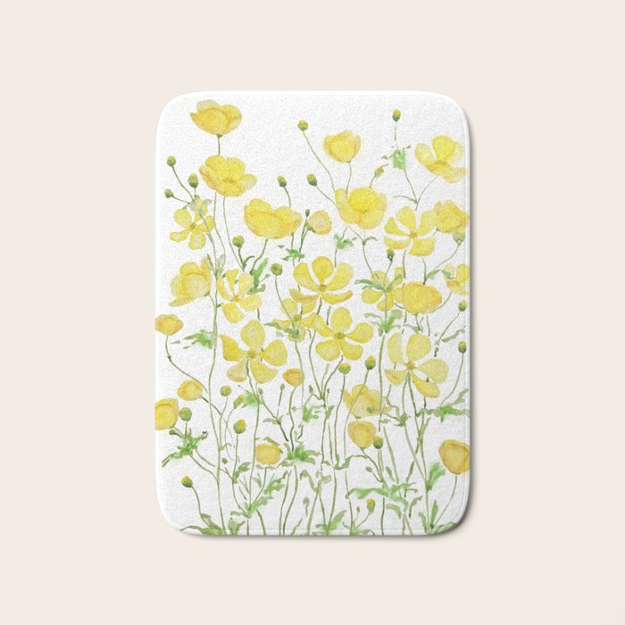 yellow buttercup flowers filed watercolor  Bath Mat Gallery Image 1