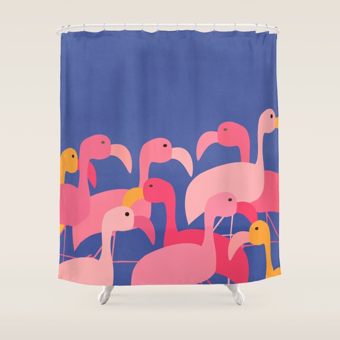 Flamingo Party / Whimsical Bird Illustration Shower Curtain Gallery Image 1