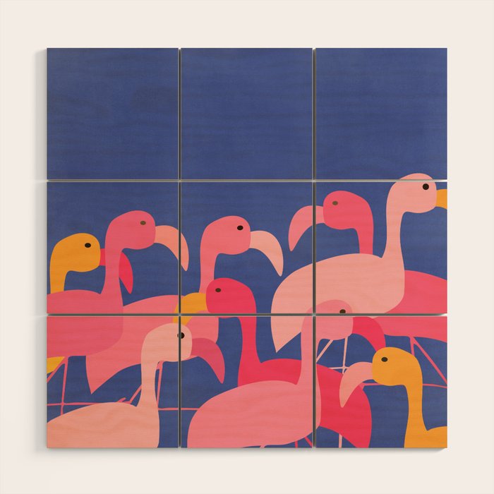 Flamingo Party / Whimsical Bird Illustration Wood Wall Art Gallery Image 1
