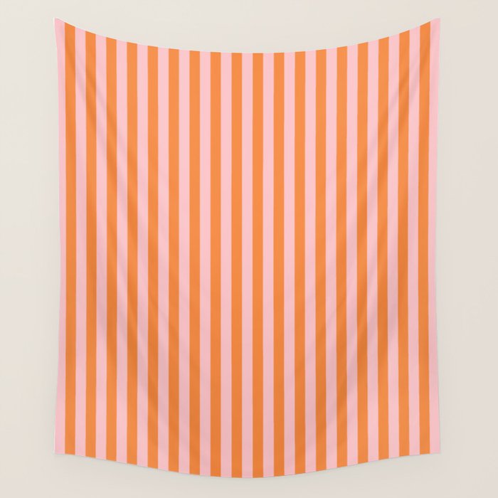 Narrow Stripes Vertical Pattern in Orange and Blush Pink Wall Tapestry Gallery Image 1
