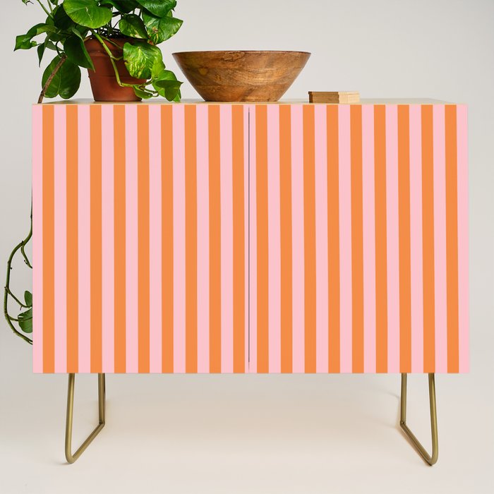 Narrow Stripes Vertical Pattern in Orange and Blush Pink Credenza Gallery Image 1