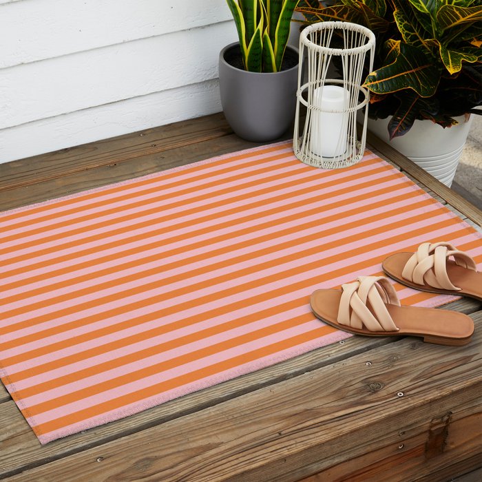 Narrow Stripes Vertical Pattern in Orange and Blush Pink Outdoor Rug Gallery Image 2