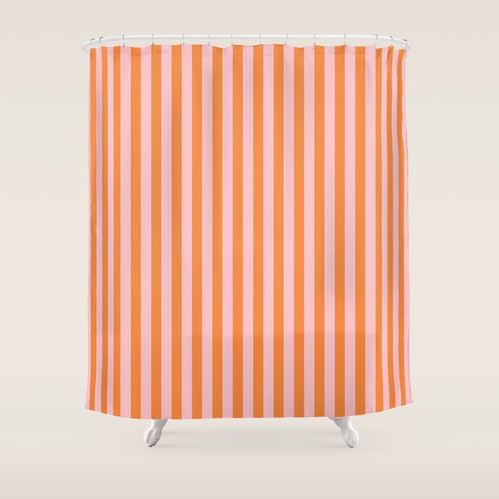 Narrow Stripes Vertical Pattern in Orange and Blush Pink Shower Curtain Gallery Image 1