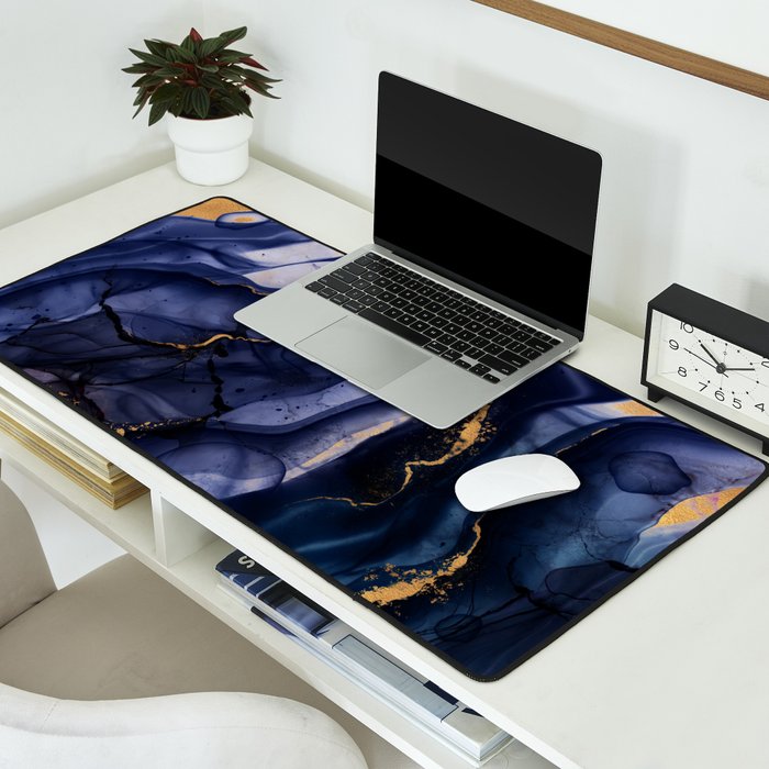 Midnight Dark Blue Marble Alcohol Ink Marble Art Flashes Desk Mat Gallery Image 2