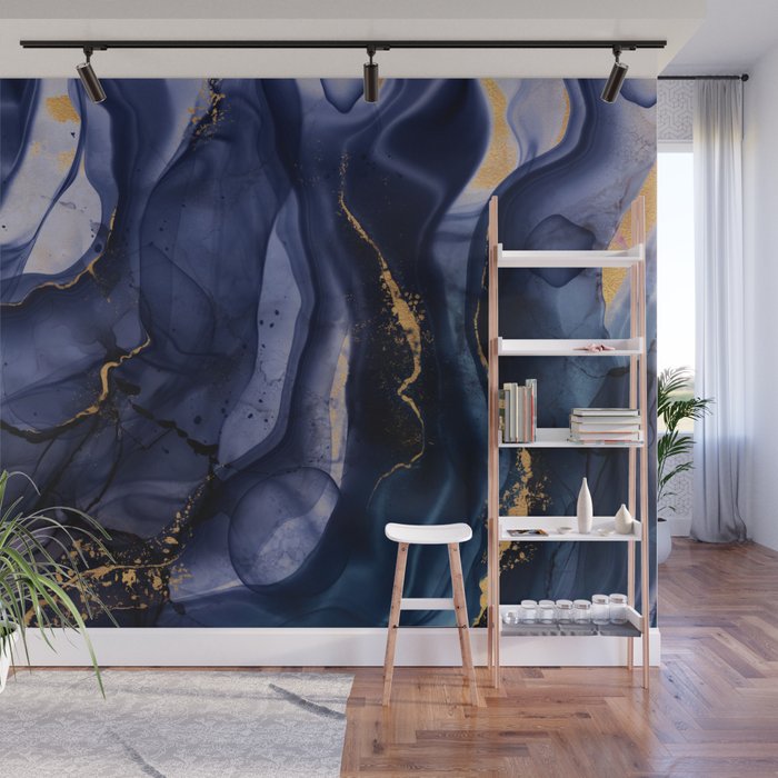 Midnight Dark Blue Marble Alcohol Ink Marble Art Flashes Wall Mural Gallery Image 1