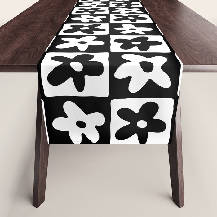 Black and white checkered floral pattern art Table Runner Gallery Image 1