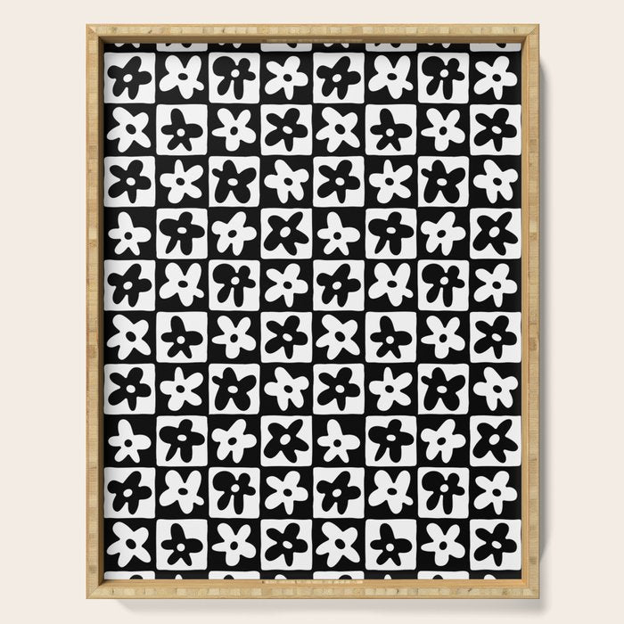 Black and white checkered floral pattern art Serving Tray Gallery Image 1