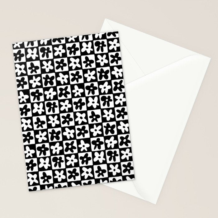 Black and white checkered floral pattern art Stationery Card Gallery Image 2