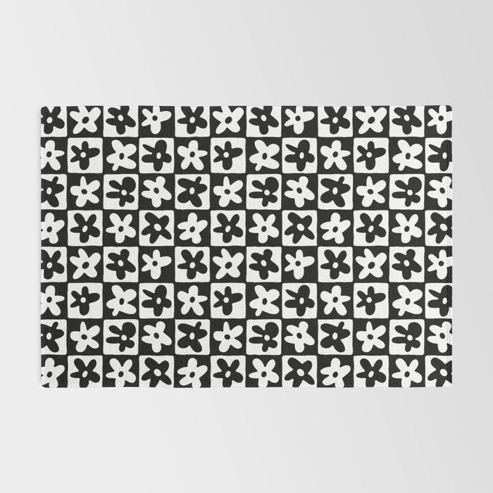 Black and white checkered floral pattern art Rug Gallery Image 2
