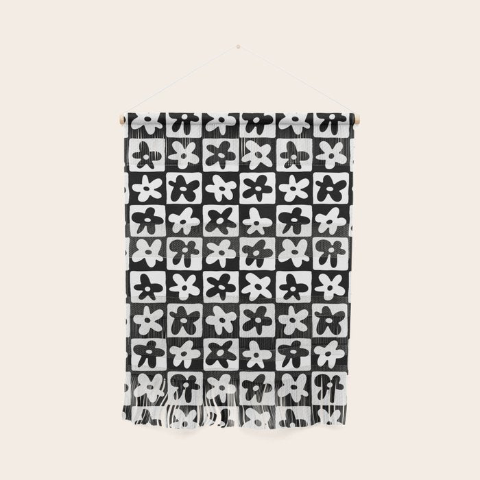 Black and white checkered floral pattern art Wall Hanging Gallery Image 1