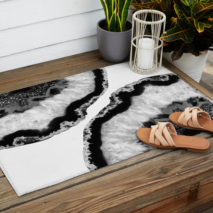 Gray Black White Agate Glitter Glamor #2 (Faux Glitter) #gem #decor #art #society6 Outdoor Rug Gallery Image 2