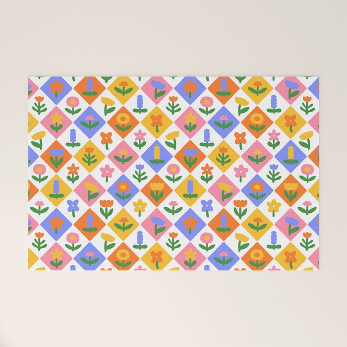 Retro colorful geometric flower art pattern Welcome Mat Gallery Image 1