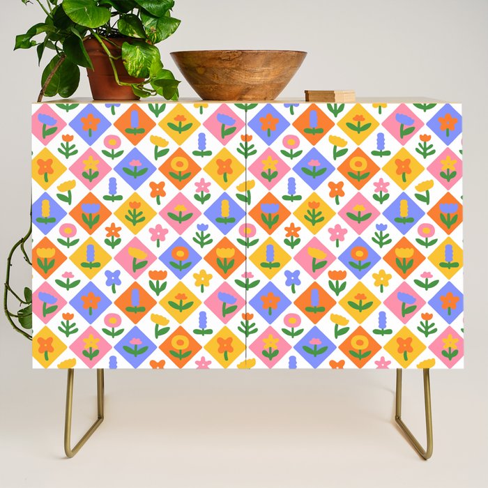 Retro colorful geometric flower art pattern Credenza Gallery Image 1