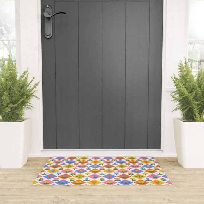 Retro colorful geometric flower art pattern Welcome Mat Gallery Image 3