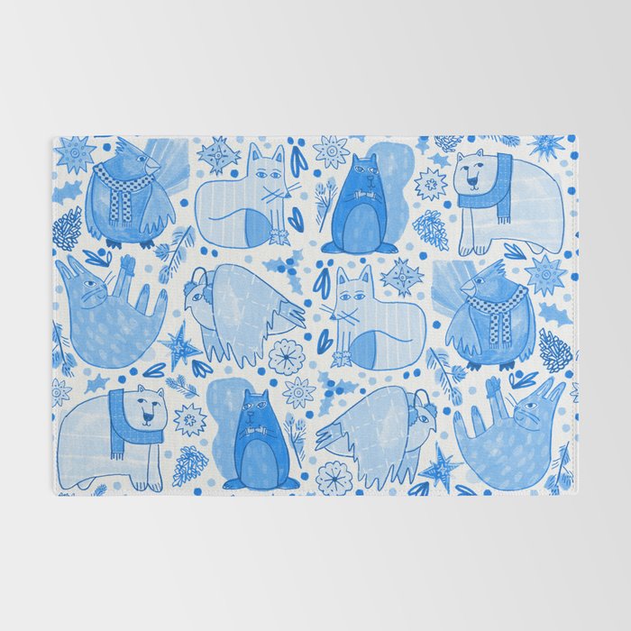 Winter Forest Woodland Animals in Blue Rug Gallery Image 2