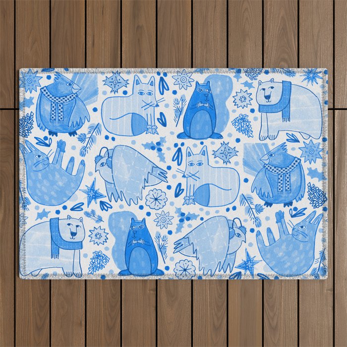 Winter Forest Woodland Animals in Blue Outdoor Rug Gallery Image 1